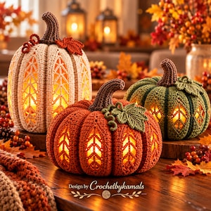 May include: Three crocheted pumpkins in cream, orange, and green, each featuring a brown stem, a leaf, and a vine. The pumpkins have openwork leaf patterns that glow with internal light. The text "Design by Crochetbykamals" is visible at the bottom.