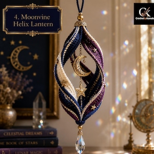 May include: A hanging Moonvine Helix Lantern featuring twisted crochet bands in navy, purple, and cream. It includes gold-toned metal star and crescent moon charms, a decorative filigree cap, and a clear teardrop crystal at the bottom.