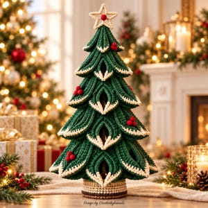 Puede incluir: Un árbol de Navidad de ganchillo verde oscuro con ramas superpuestas en forma de pétalos bordeadas con hilo crema. El árbol presenta racimos de bayas rojas de ganchillo, una estrella superior color crema con centro rojo y una base marrón texturizada. Texto: Design by Crochetbykamals.