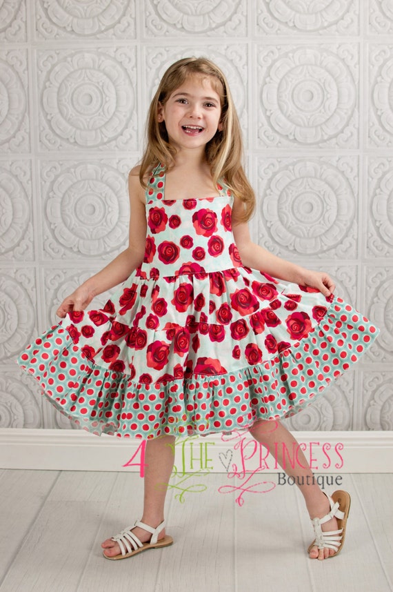 Items similar to sundress, flower dress, red and blue dress, polka dots