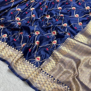 Banarasi Mashru Silk Saree | Gold Zari Floral Vine Weave, Festive Ethnic Party Wear