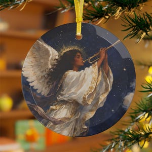 Christmas Angel Glass Ornaments | Celestial Heavenly Art Bauble | Angel with Trumpet Religious Christmas Tree Decor Keepsake Gift