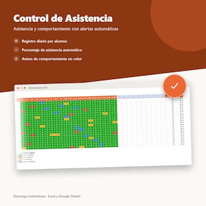 Puede incluir: Una hoja de cálculo digital de control de asistencia titulada Attendance.xlsx con una cuadrícula de celdas verdes, rojas, amarillas y azules que indican el estado del alumno. Incluye una leyenda, porcentajes automáticos y un icono de verificación.