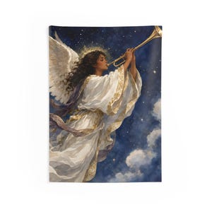 Angel Blowing Trumpet Indoor Wall Tapestry | Celestial Night Sky