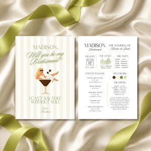 May include: Two rectangular wedding stationery cards with cream and white vertical stripes. The left card features an illustration of a person in a martini glass with the text Will you be my Bridesmaid? and I CAN'T SAY I DO WITHOUT YOU!. The right card lists wedding details for Madison, including venue, date, and event schedule.
