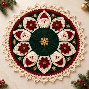 May include: A round crochet doily featuring a dark green center with a gold snowflake, surrounded by alternating motifs of Santa Claus faces and red poinsettia flowers with gold centers, finished with a cream-colored scalloped lace border.