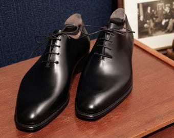 Zapatos Oxford de cuero negro liso de una sola pieza, hechos a mano para hombre, zapatos formales de vestir.