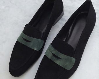 Schwarze und grüne Penny-Loafer aus Wildleder für Herren | Handgefertigte zweifarbige Slipper zum Hineinschlüpfen