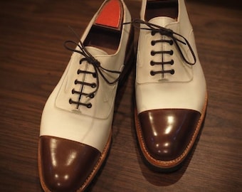 Handmade Two-Tone Leather Oxford Shoes for Men, cream & Brown Cap Toe Dress Shoes.