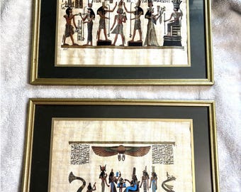 Vintage Egyptian Papyrus Paintings Set of 2 Hand Painted Signed Framed Gold