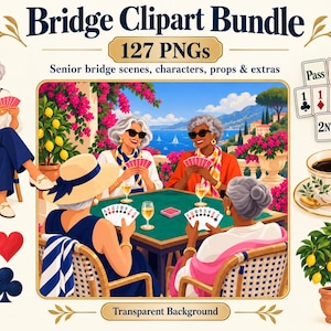 Op de afbeelding: Een digitaal clipartpakket getiteld Bridge Clipart Bundle 127 PNGs met illustraties van senioren die bridge spelen, kaartspellelementen, een koffiekopje en een citroenboom. De afbeeldingen bevatten personages en spelattributen.