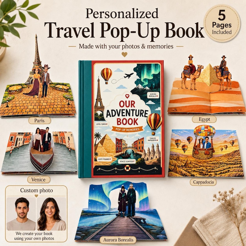 May include: A personalized travel pop-up book featuring five pages with illustrations of Paris, Egypt, Venice, Cappadocia, and the Aurora Borealis. The cover displays the text Our Adventure Book Pop-Up Memories with travel icons.