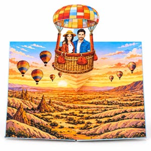 May include: A pop-up greeting card featuring a three-dimensional hot air balloon basket with two people inside. The background displays a colorful sunset landscape with rocky terrain and multiple smaller hot air balloons in the sky.