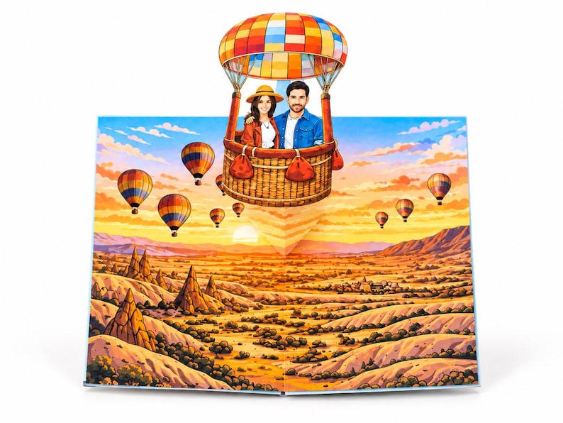 May include: A pop-up greeting card featuring a three-dimensional hot air balloon basket with two people inside. The background displays a colorful sunset landscape with rocky terrain and multiple smaller hot air balloons in the sky.
