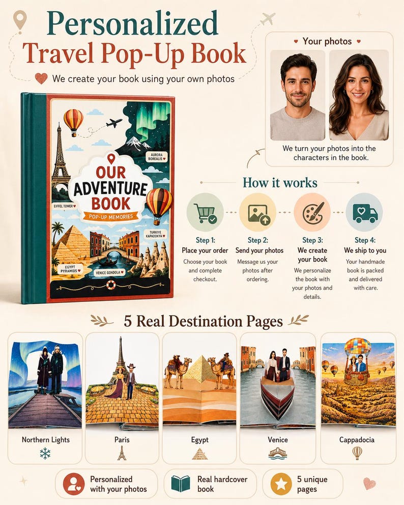 May include: A personalized travel pop-up book titled Our Adventure Book Pop-Up Memories. The cover features illustrations of the Eiffel Tower, pyramids, and hot air balloons. The book includes five destination pages showing Northern Lights, Paris, Egypt, Venice, and Cappadocia with custom character illustrations.