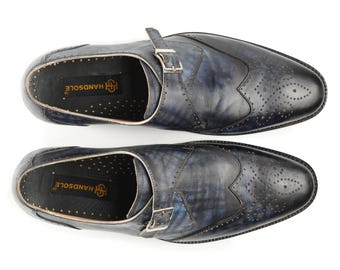 Zapatos Monk Strap de cuero con puntera alada en color gris azulado para hombre / Zapatos Brogue de cuero con pátina teñida a mano / Zapatos de vestir hechos a mano
