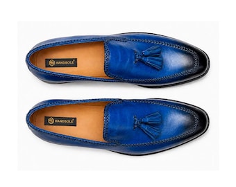 Men's Blue Patina Leather Tassel Loafers | Hand-Dyed Gradient Slip-Ons