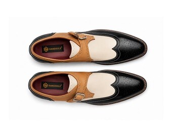Tri Color Spectator Monk Strap Shoes voor heren | Wingtip huwelijksgeschenk | Handgemaakt leer