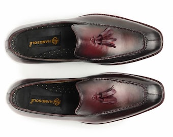 Burgundy Leather Tassel Loafers for Men | Burnished Oxblood Slip On | Handmade Dress Shoes