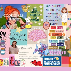 May include: A colorful digital collage featuring various illustrations and motivational text for teachers. Elements include a brain, a rainbow fish, a red dog, cartoon characters, jars labeled with values, and phrases like Inclusion Is My Jam and Educate.