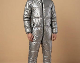 Silver Puffer Snowsuit | Unisex Glossy Nylon Ski Suit | Thermal Winter Jumpsuit | One-Piece Quilted Outerwear