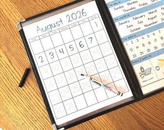 FULL Traceable Monthly Calendar 2026-2027 - Black White Simple Morning Menu Reusable Homeschool School