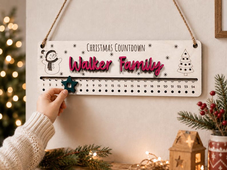 Pu&ograve; includere: Un cartello rettangolare in legno per il conto alla rovescia di Natale con il testo "Christmas Countdown" e "Walker Family" in rosa. Presenta un pupazzo di neve, un albero di Natale e un segnaposto a forma di stella verde scuro che scorre sui numeri da uno a ventiquattro.