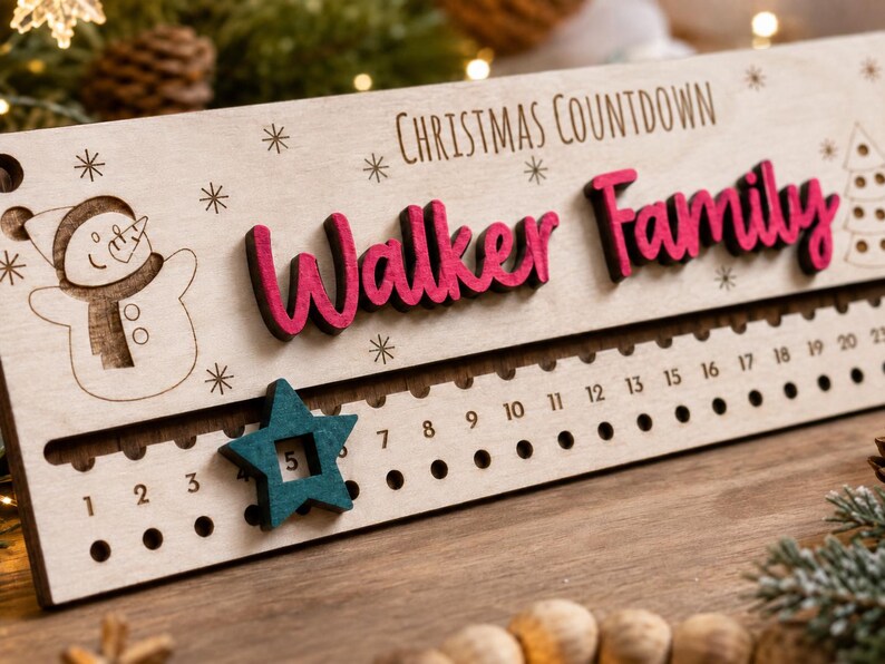 Pu&ograve; includere: Un cartello rettangolare in legno per il conto alla rovescia di Natale con il testo inciso "CHRISTMAS COUNTDOWN" e un pupazzo di neve. Il cartello presenta la scritta rosa in rilievo "Walker Family" e una stella mobile color ottanio.