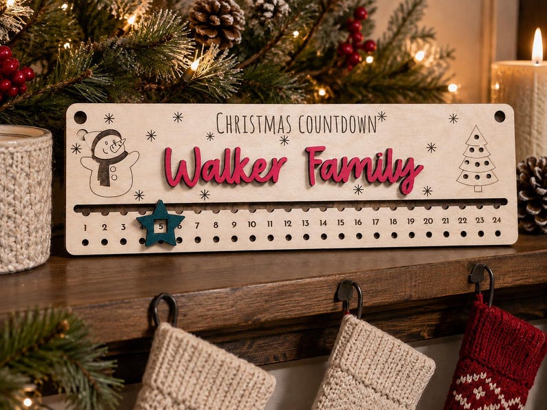 Pu&ograve; includere: Un cartello rettangolare in legno per il conto alla rovescia di Natale con la scritta "CHRISTMAS COUNTDOWN" e "Walker Family" in rilievo rosso. Include un pupazzo di neve inciso al laser, un albero di Natale, fiocchi e una stella turchese.