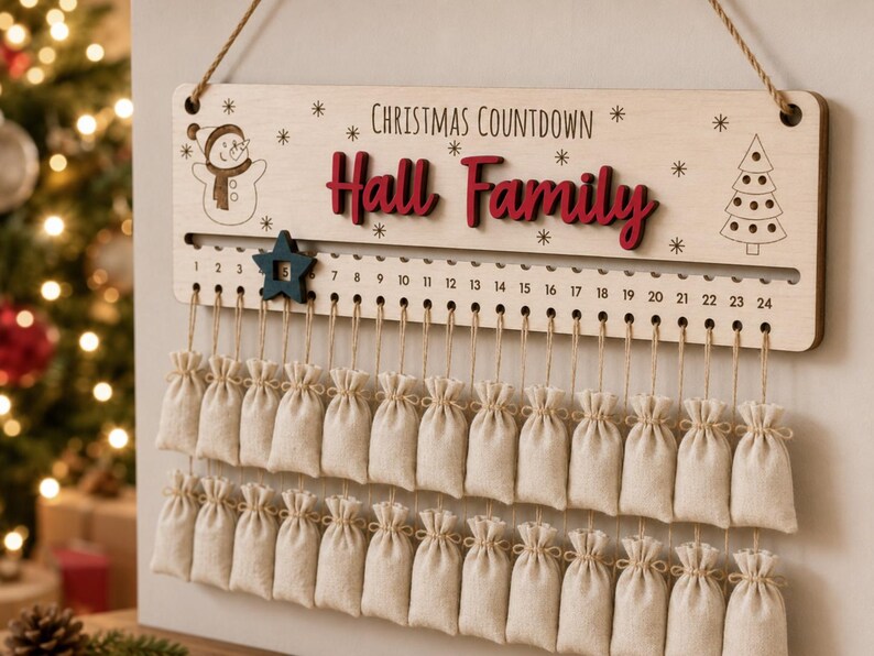 Pu&ograve; includere: Un cartello per il conto alla rovescia di Natale in legno chiaro con la scritta "CHRISTMAS COUNTDOWN" e "Hall Family" in rosso. Include un segnaposto a forma di stella blu scuro scorrevole, i numeri da 1 a 24 e ventiquattro sacchetti in tessuto beige.