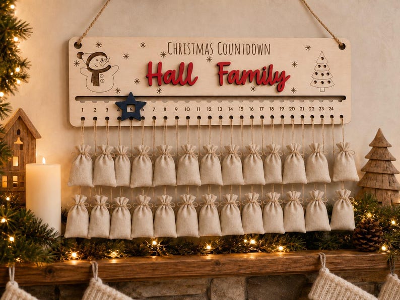 Pu&ograve; includere: Un cartello rettangolare in legno per il conto alla rovescia di Natale con il testo "CHRISTMAS COUNTDOWN" e "Hall Family" in rosso. Presenta un pupazzo di neve, un albero, i numeri da 1 a 24 e una stella blu. Ventiquattro sacchetti di tela beige pendono.