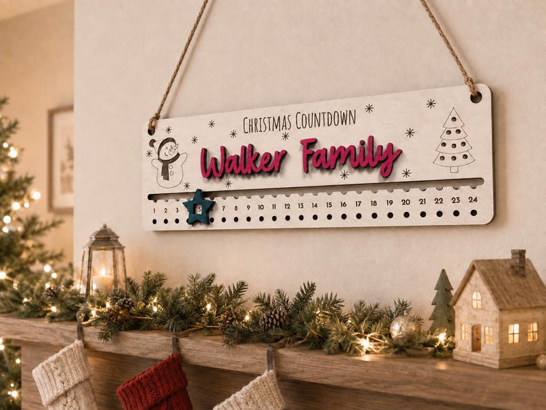 Pu&ograve; includere: Un cartello rettangolare in legno per il conto alla rovescia di Natale con corda di iuta. Presenta la scritta "Christmas Countdown" e "Walker Family" in rosso, un pupazzo di neve, un albero di Natale, i numeri da 1 a 24 e una stella blu.