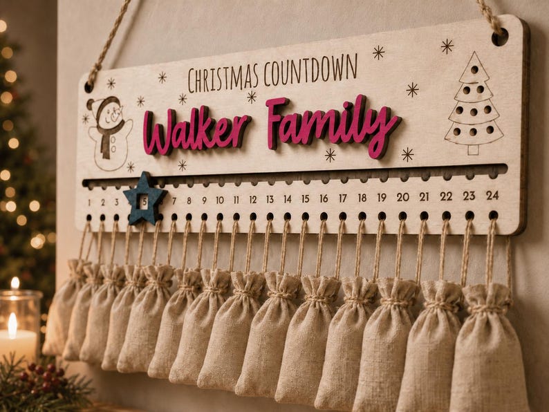 Pu&ograve; includere: Un cartello rettangolare in legno per il conto alla rovescia di Natale con il testo "CHRISTMAS COUNTDOWN" e "Walker Family" in corsivo rosa. Include un pupazzo di neve, un albero di Natale, una traccia numerata da 1 a 24 con un segnaposto a stella blu e ventiquattro piccoli sacchetti di tessuto beige appesi a spaghi di juta.