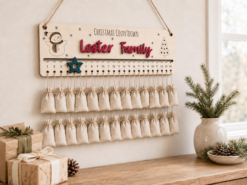Pu&ograve; includere: Un cartello rettangolare in legno per il conto alla rovescia di Natale con la scritta "Christmas Countdown" e "Lester Family" in rosso. Presenta un pupazzo di neve, un albero, i numeri da 1 a 24, una stella blu e due file di sacchetti in tessuto beige.