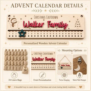 Pu&ograve; includere: Un calendario dell'avvento in legno con il testo "Christmas Coutdown" e "Walker Family" in rosso. Presenta un pupazzo di neve, un albero di Natale e una traccia numerata da 1 a 24 con un segnaposto a stella blu scuro. Include 24 piccoli sacchetti di lino e due opzioni di montaggio: corda o gancio da parete in metallo.