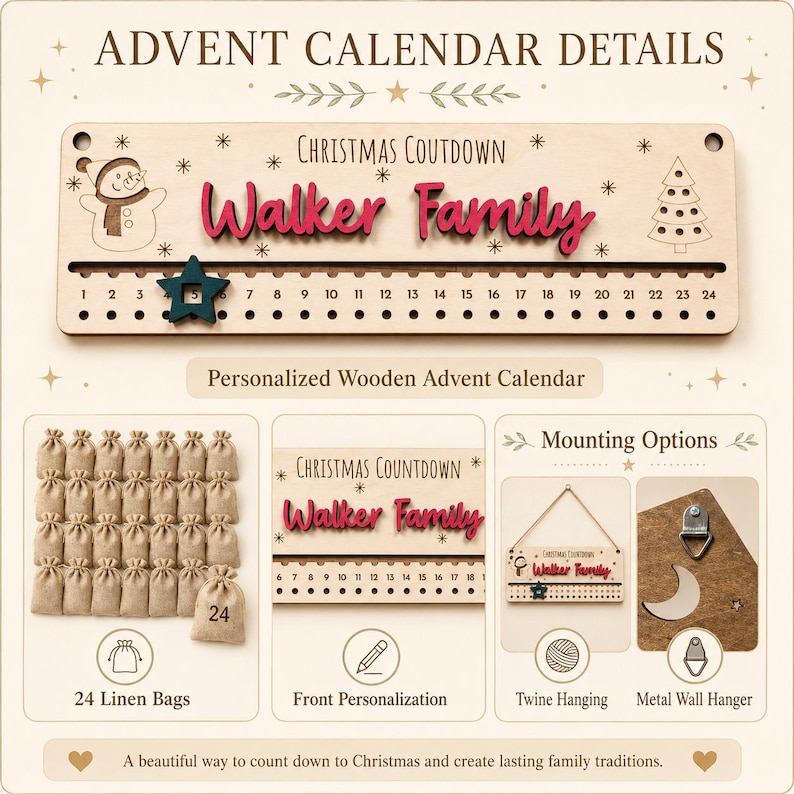 Pu&ograve; includere: Un calendario dell'avvento in legno con il testo "Christmas Coutdown" e "Walker Family" in rosso. Presenta un pupazzo di neve, un albero di Natale e una traccia numerata da 1 a 24 con un segnaposto a stella blu scuro. Include 24 piccoli sacchetti di lino e due opzioni di montaggio: corda o gancio da parete in metallo.