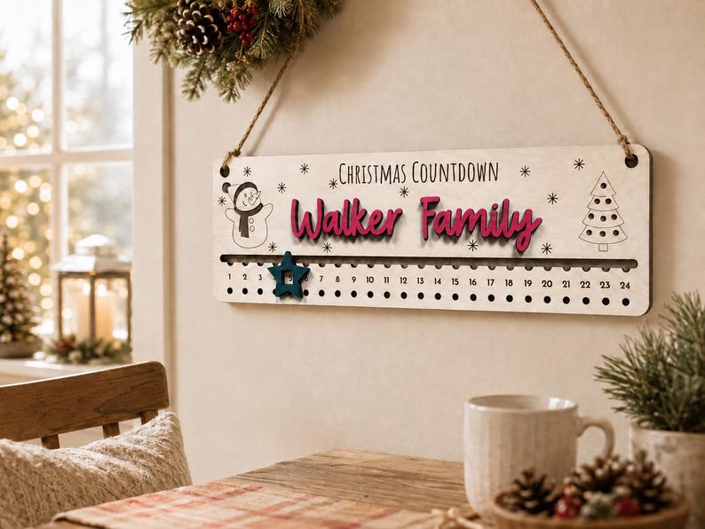 Pu&ograve; includere: Un cartello rettangolare in legno per il conto alla rovescia di Natale con una corda di iuta. Il cartello presenta la scritta "Christmas Countdown" e "Walker Family" in rosso, con un pupazzo di neve, un albero di Natale e i numeri da 1 a 24 con una stella blu.
