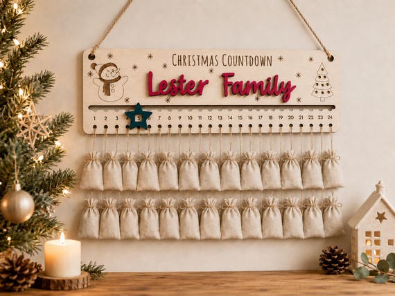 Farmhouse Wooden Advent Calendar for Family, Heirloom Christmas Countdown Sign with Bags, Rustic Holiday Decor, Custom 3D Name Gift