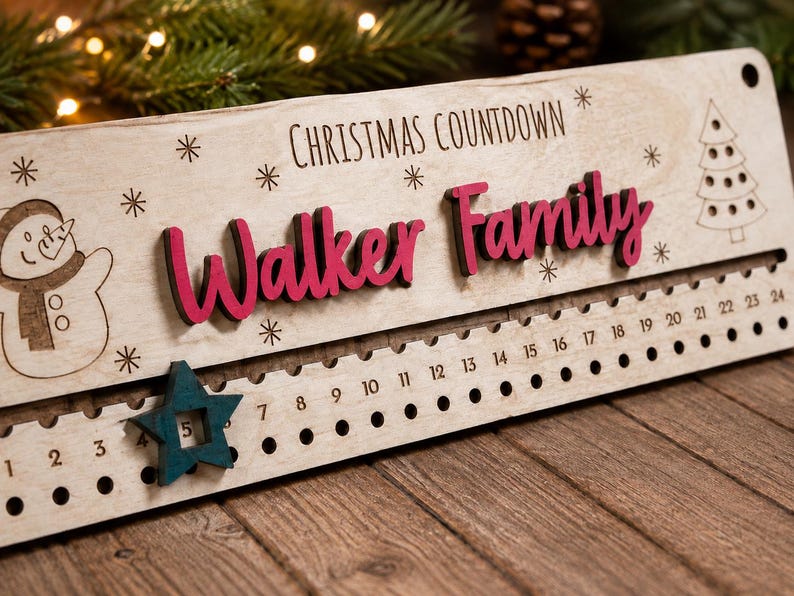 Pu&ograve; includere: Un cartello rettangolare in legno per il conto alla rovescia di Natale con il testo "CHRISTMAS COUNTDOWN" e "Walker Family" in lettere rosa in rilievo. Include un pupazzo di neve inciso al laser, un albero di Natale, fiocchi di neve e una traccia numerata da 1 a 24 con una stella mobile color verde acqua.