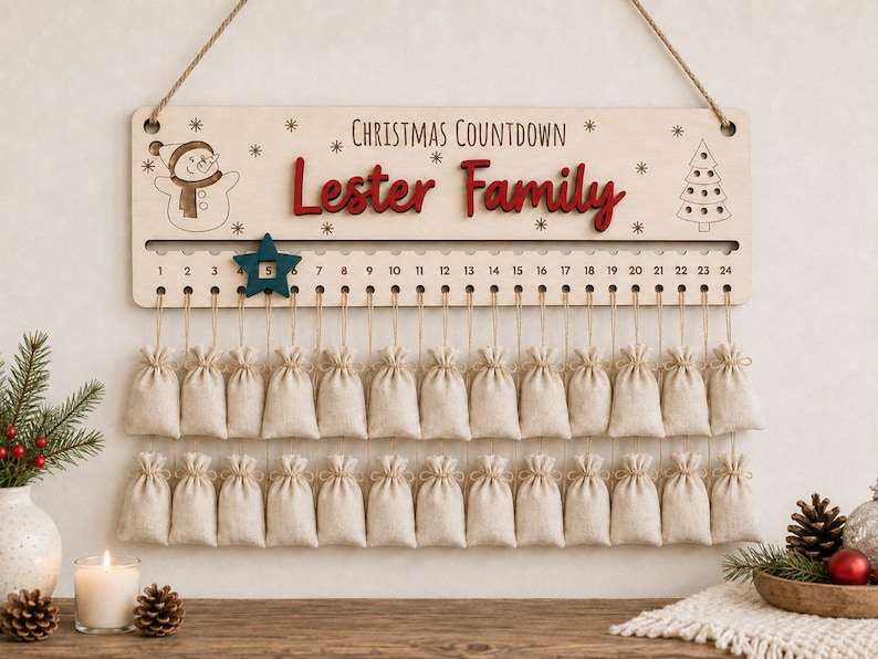 Pu&ograve; includere: Un cartello in legno per il conto alla rovescia di Natale con la scritta Lester Family in rosso, un'incisione di un pupazzo di neve e un albero, e un segnaposto a forma di stella blu. Ventiquattro sacchetti in tessuto beige pendono da una corda.