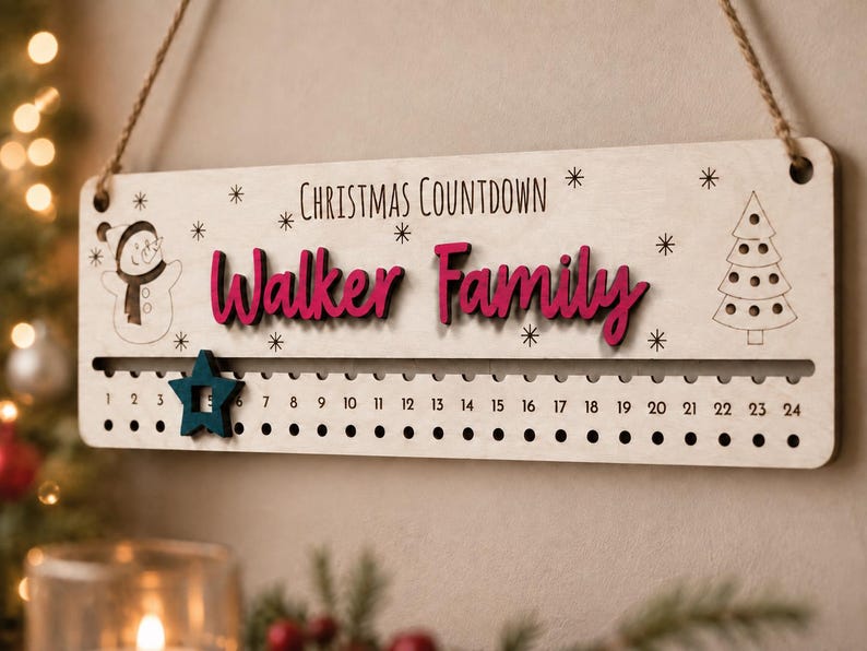 Pu&ograve; includere: Un cartello rettangolare in legno per il conto alla rovescia di Natale con il testo "CHRISTMAS COUNTDOWN" e "Walker Family" in corsivo rosa. Include un pupazzo di neve, un albero di Natale e una stella scorrevole color ottanio.