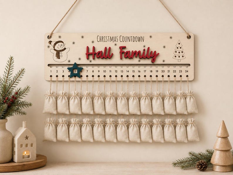 Pu&ograve; includere: Un cartello per il conto alla rovescia di Natale in legno chiaro con il testo "Christmas Countdown" e "Hall Family" in rosso. Presenta un'illustrazione di un pupazzo di neve e un albero, una traccia numerata da 1 a 24 con un segnaposto a stella blu scuro e due file di piccoli sacchetti in tessuto beige.