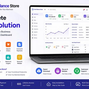 May include: A digital ERP software interface displayed on a laptop and smartphone screen. The dashboard features data analytics, sales overviews, inventory summaries, and order lists. Text includes Farid Glance Store, Complete ERP Solution, and various business management icons and labels.