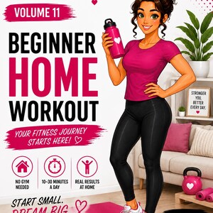 May include: A digital flyer for Babe Fitness Studio LLC Volume 11 Beginner Home Workout featuring an illustration of a person in a pink t-shirt and black leggings holding a pink water bottle, with text including Your Fitness Journey Starts Here.