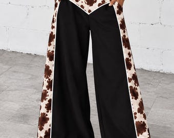 Women’s Black Fleece Wide Leg Pants with Cowhide Leather Panels Brown White Animal Print Streetwear Trousers