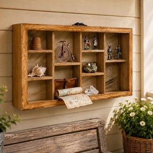 May include: A rectangular wooden shadow box display shelf with multiple compartments of varying sizes. The shelf contains small decorative items including a thimble, a miniature bicycle, four small figurines, a seashell, a mineral, and a map.
