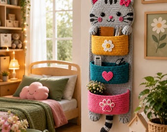 Crochet Cat Wall Organizer Pattern PDF Kawaii Hanging Pocket  Crochet Wall Storage  Beginner Tutorial