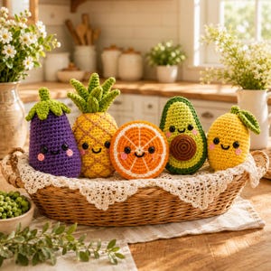 May include: A collection of five crocheted plush toys shaped like an eggplant, pineapple, orange slice, avocado, and lemon, all featuring embroidered smiling faces with pink cheeks, arranged inside a woven wicker basket lined with white lace.