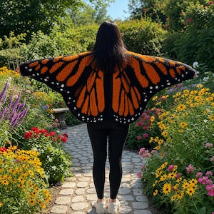 May include: A knitted cardigan featuring a monarch butterfly wing pattern in vibrant orange and black. The garment has long, wide sleeves that extend outward, displaying a detailed wing design with small white accents along the bottom edges.