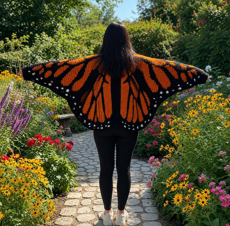 May include: A knitted cardigan featuring a monarch butterfly wing pattern in vibrant orange and black. The garment has long, wide sleeves that extend outward, displaying a detailed wing design with small white accents along the bottom edges.